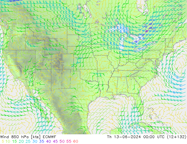 Vento 850 hPa ECMWF Qui 13.06.2024 00 UTC