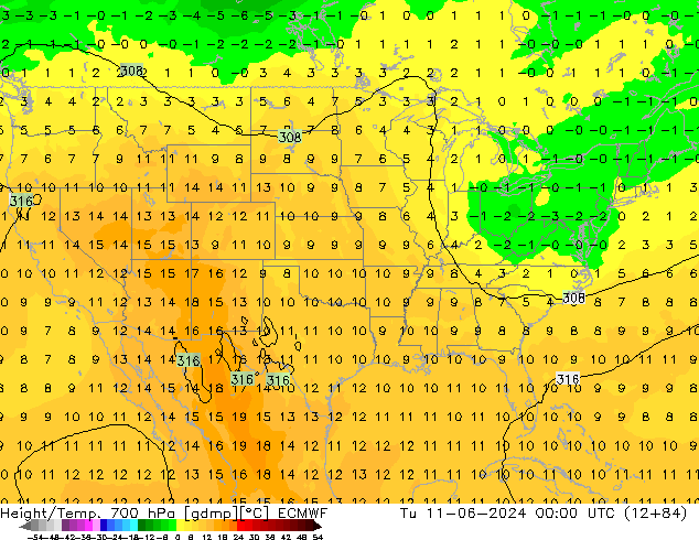 Height/Temp. 700 hPa ECMWF Út 11.06.2024 00 UTC