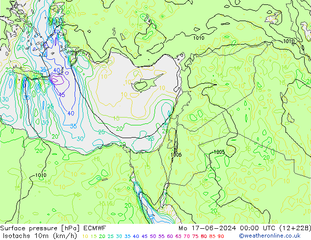 Isotachs (kph) ECMWF Mo 17.06.2024 00 UTC