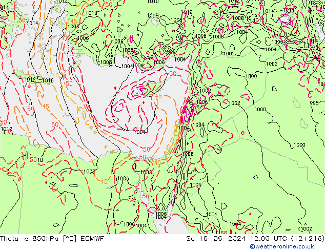 Theta-e 850hPa ECMWF dom 16.06.2024 12 UTC