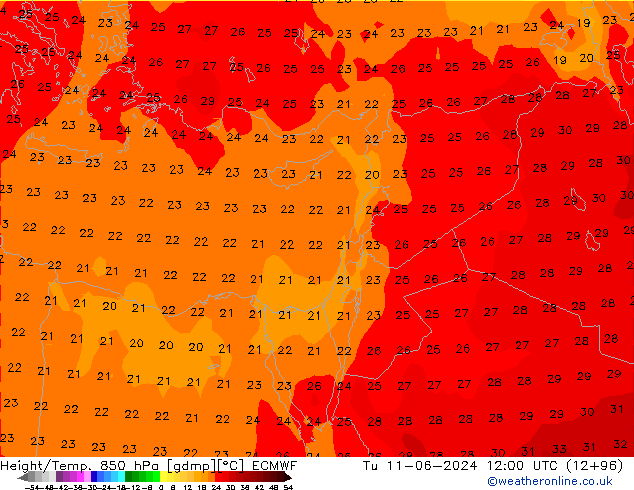 Géop./Temp. 850 hPa ECMWF mar 11.06.2024 12 UTC