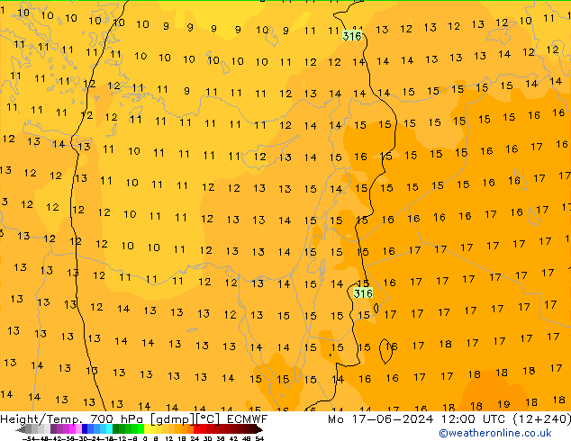 Height/Temp. 700 гПа ECMWF пн 17.06.2024 12 UTC