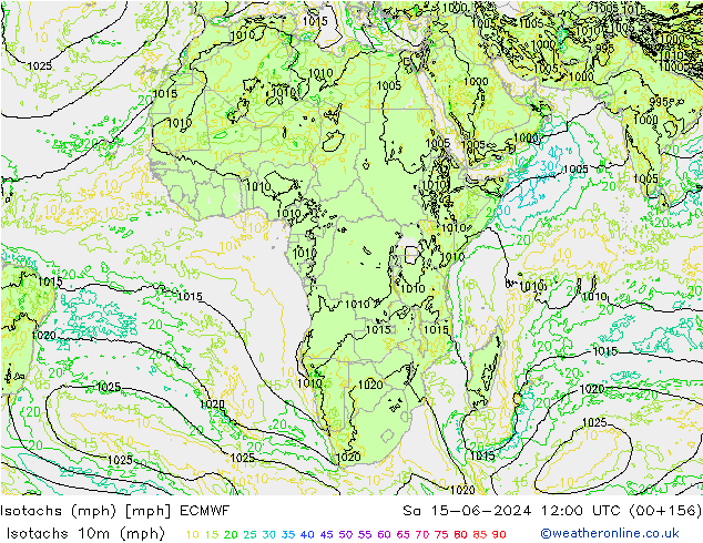 Isotachs (mph) ECMWF sam 15.06.2024 12 UTC
