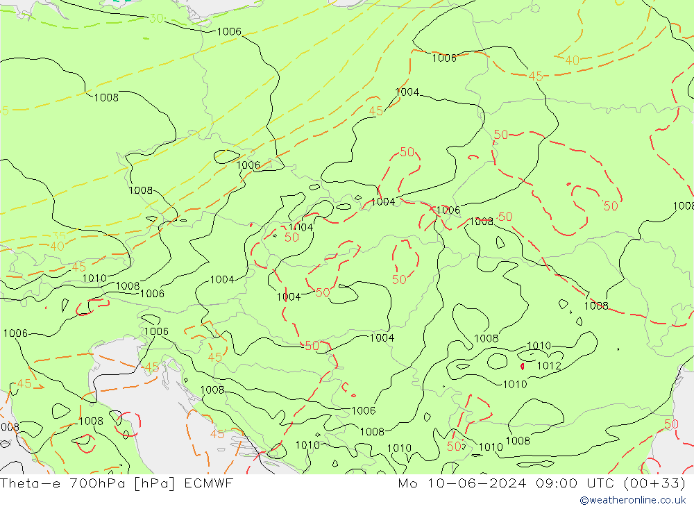 Theta-e 700hPa ECMWF Pzt 10.06.2024 09 UTC