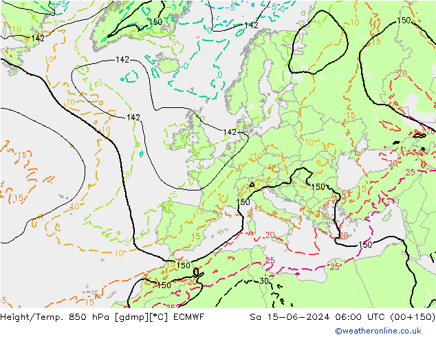 Geop./Temp. 850 hPa ECMWF sáb 15.06.2024 06 UTC