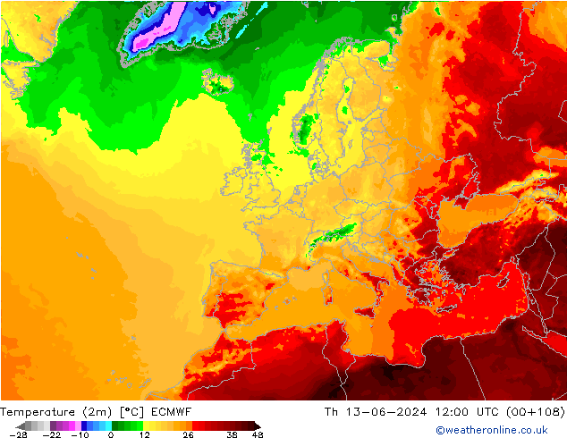 Temperatuurkaart (2m) ECMWF do 13.06.2024 12 UTC