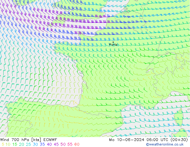 Wind 700 hPa ECMWF Mo 10.06.2024 06 UTC
