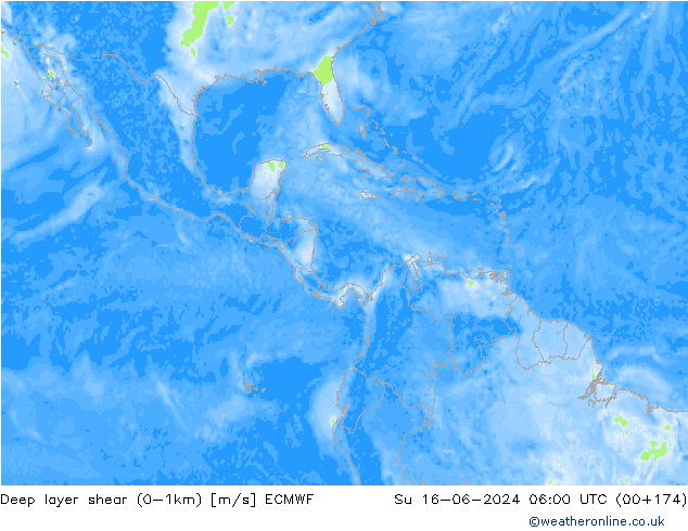 Deep layer shear (0-1km) ECMWF Su 16.06.2024 06 UTC