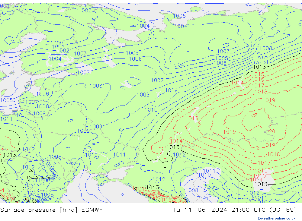 Atmosférický tlak ECMWF Út 11.06.2024 21 UTC