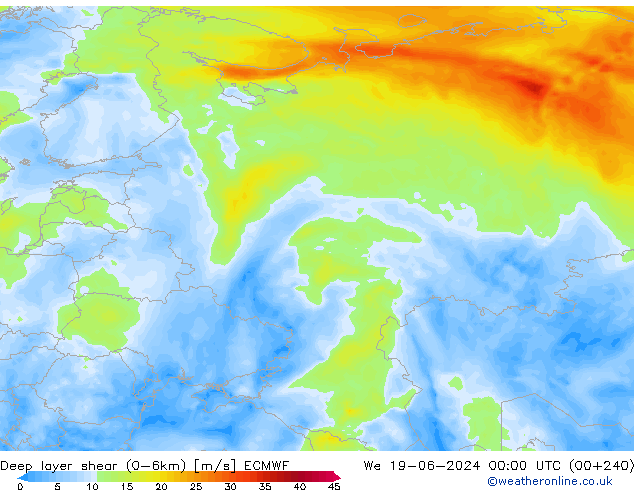 Deep layer shear (0-6km) ECMWF mié 19.06.2024 00 UTC