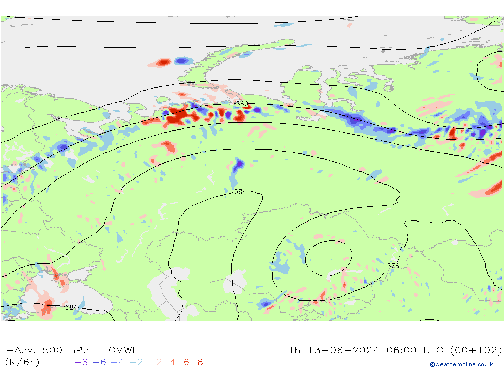 T-Adv. 500 hPa ECMWF Qui 13.06.2024 06 UTC
