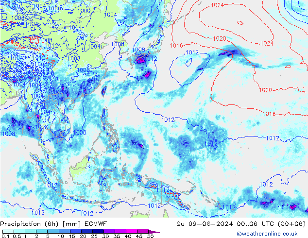 Prec 6h/Wind 10m/950 ECMWF dom 09.06.2024 06 UTC