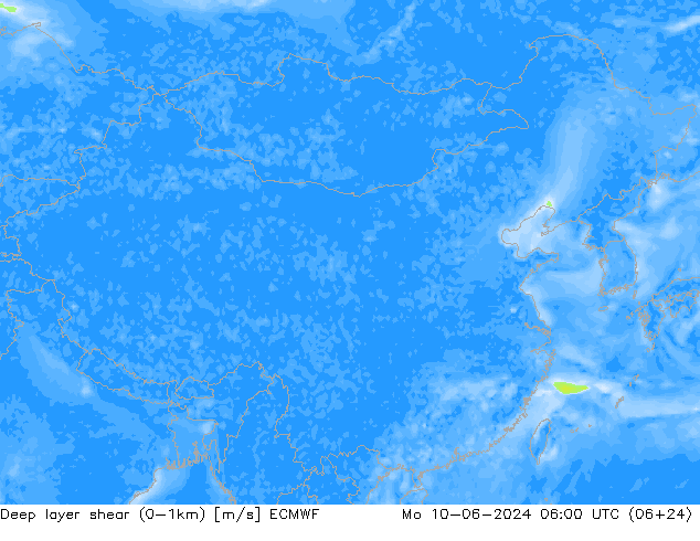 Deep layer shear (0-1km) ECMWF Po 10.06.2024 06 UTC