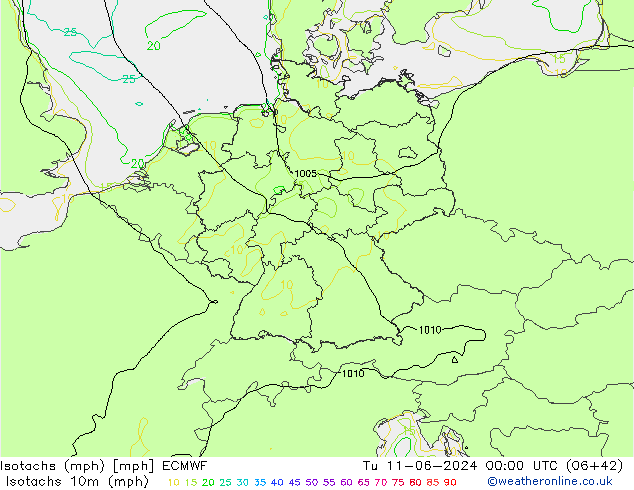 Isotachs (mph) ECMWF Út 11.06.2024 00 UTC