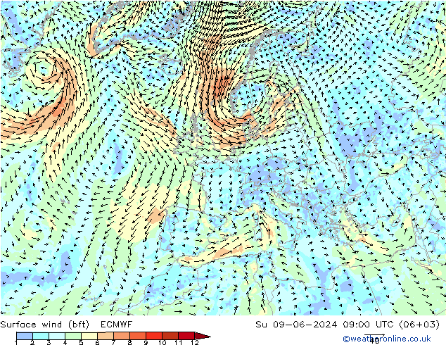 Surface wind (bft) ECMWF Su 09.06.2024 09 UTC