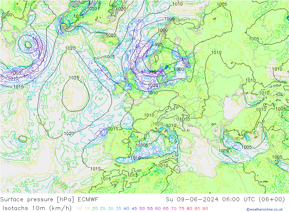 Isotachen (km/h) ECMWF So 09.06.2024 06 UTC