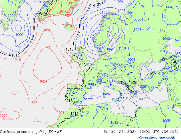 Pressione al suolo ECMWF dom 09.06.2024 12 UTC