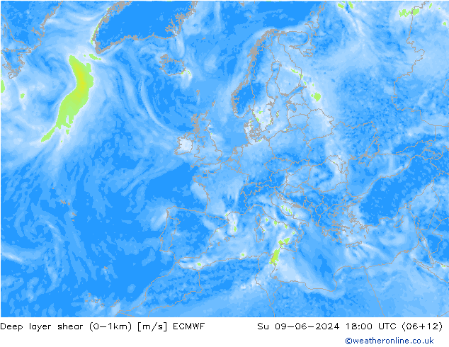 Deep layer shear (0-1km) ECMWF nie. 09.06.2024 18 UTC