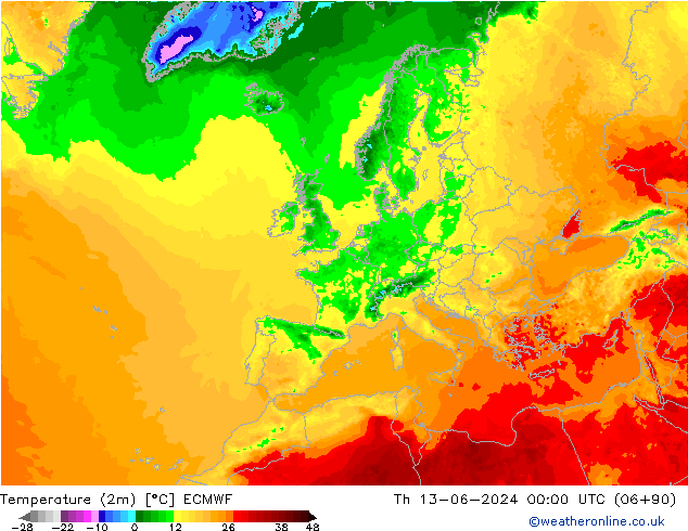 Temperature (2m) ECMWF Th 13.06.2024 00 UTC