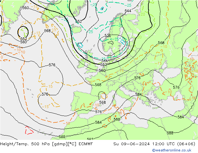 Z500/Yağmur (+YB)/Z850 ECMWF Paz 09.06.2024 12 UTC