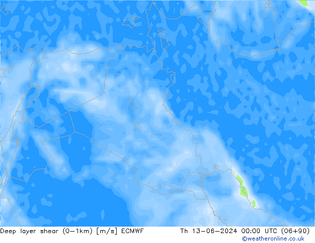 Deep layer shear (0-1km) ECMWF jue 13.06.2024 00 UTC