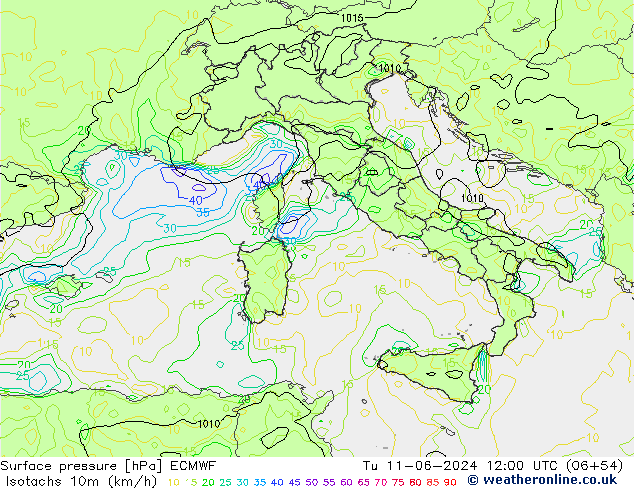 Isotachen (km/h) ECMWF di 11.06.2024 12 UTC