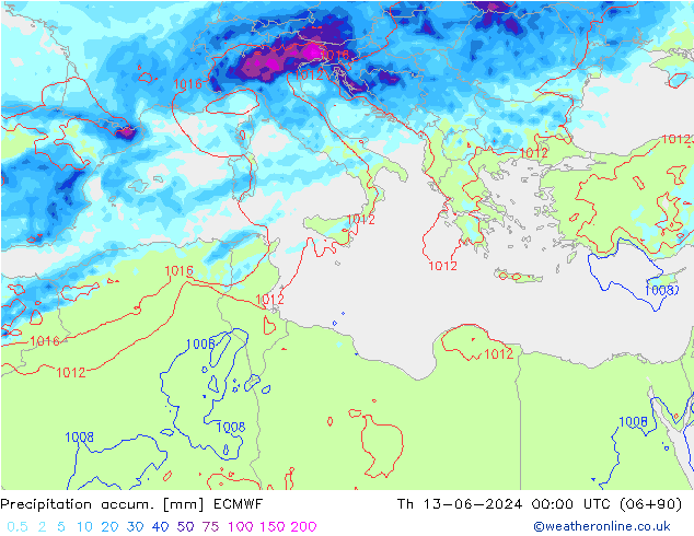 Totale neerslag ECMWF do 13.06.2024 00 UTC