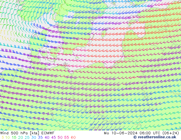 Wind 500 hPa ECMWF Mo 10.06.2024 06 UTC