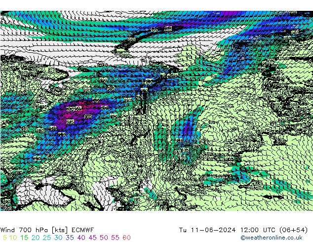 Wind 700 hPa ECMWF di 11.06.2024 12 UTC
