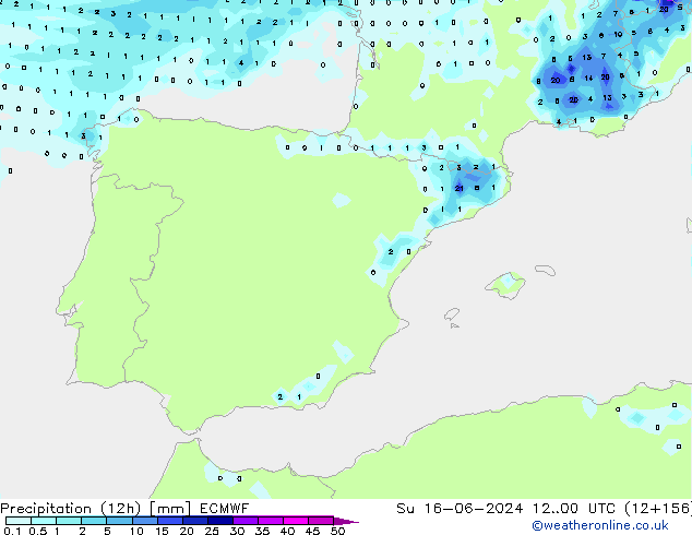 Precipitation (12h) ECMWF Su 16.06.2024 00 UTC