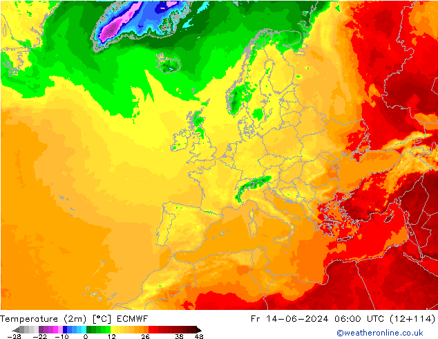 Temperaturkarte (2m) ECMWF Fr 14.06.2024 06 UTC