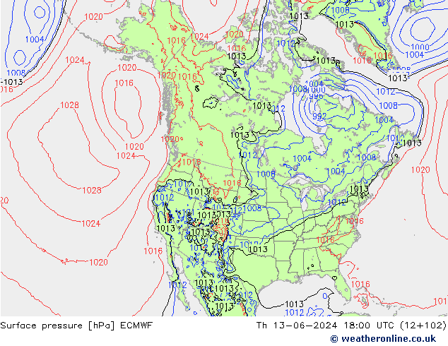 Pressione al suolo ECMWF gio 13.06.2024 18 UTC