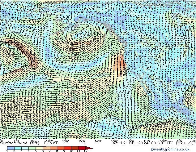 Vento 10 m (bft) ECMWF Qua 12.06.2024 09 UTC