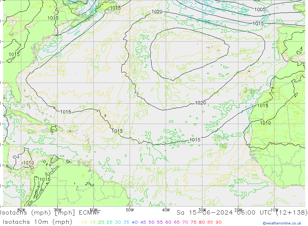 Isotachs (mph) ECMWF Sáb 15.06.2024 06 UTC