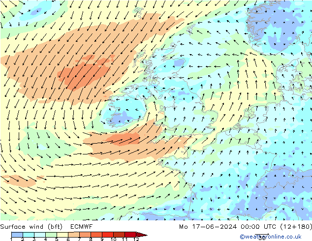 Surface wind (bft) ECMWF Mo 17.06.2024 00 UTC