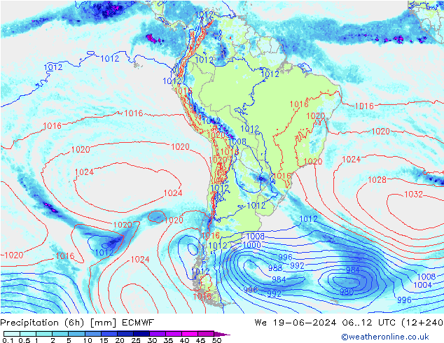 Precipitación (6h) ECMWF mié 19.06.2024 12 UTC
