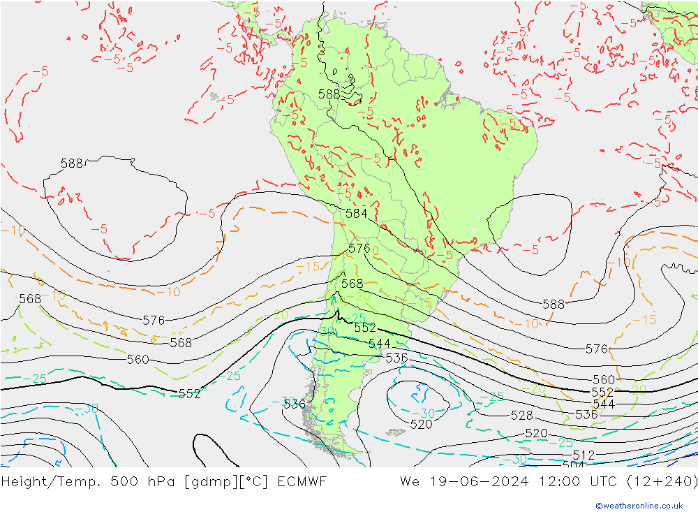 Height/Temp. 500 hPa ECMWF Qua 19.06.2024 12 UTC