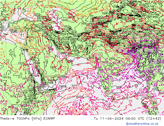 Theta-e 700hPa ECMWF Di 11.06.2024 06 UTC