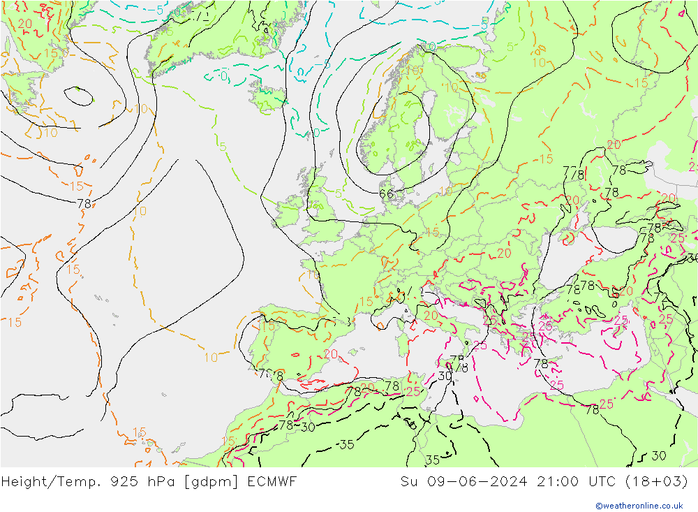 Height/Temp. 925 hPa ECMWF nie. 09.06.2024 21 UTC