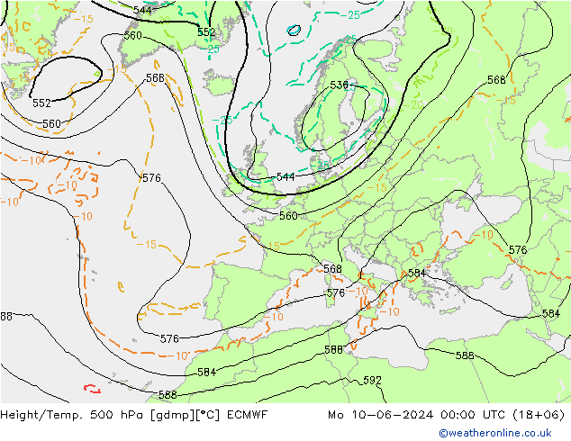 Z500/Rain (+SLP)/Z850 ECMWF 星期一 10.06.2024 00 UTC
