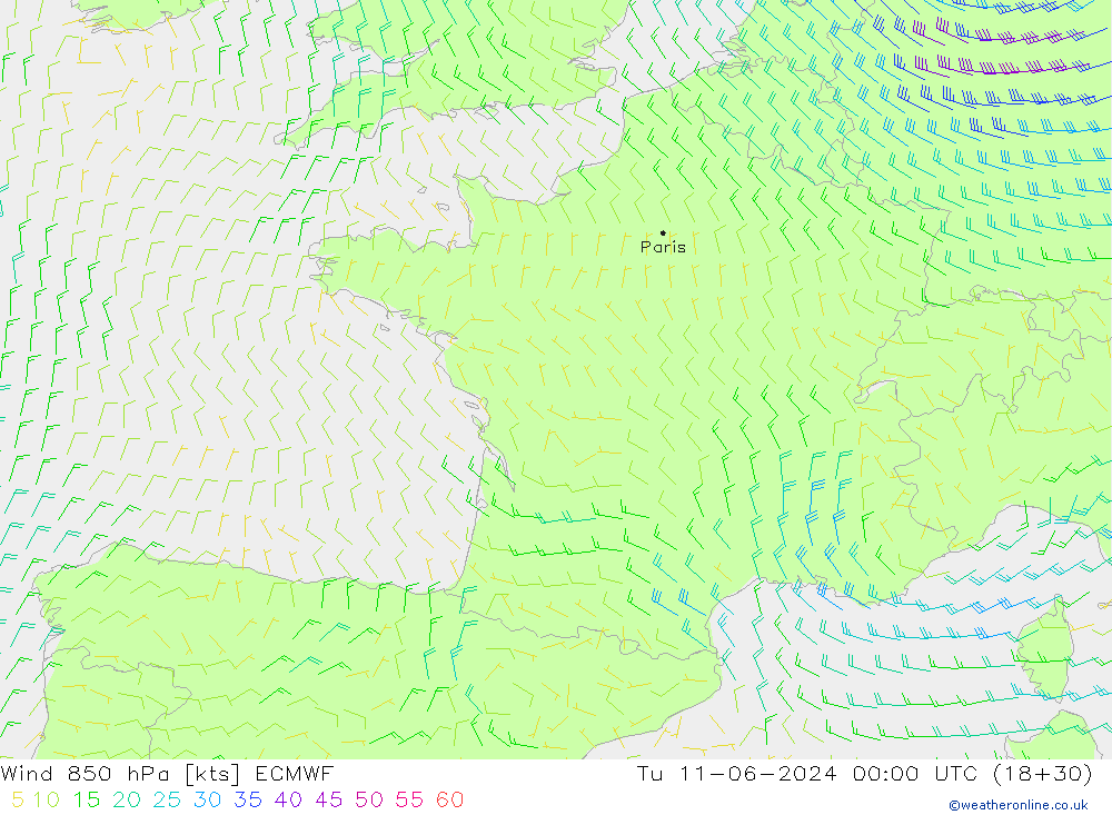 Wind 850 hPa ECMWF Tu 11.06.2024 00 UTC