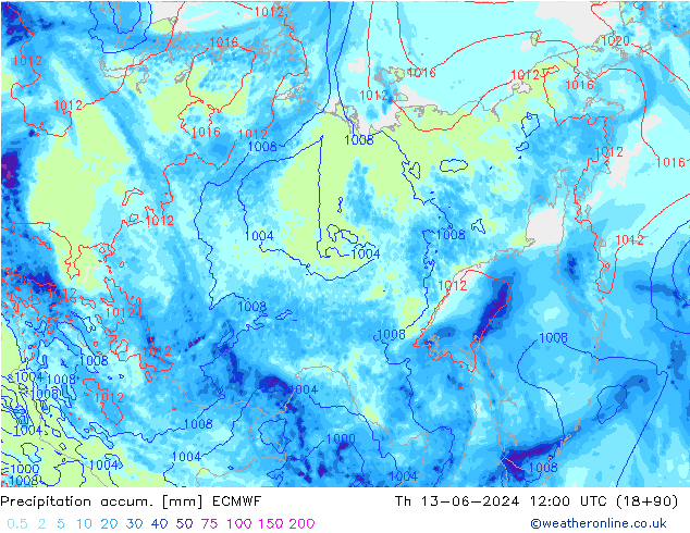 Precipitation accum. ECMWF Čt 13.06.2024 12 UTC