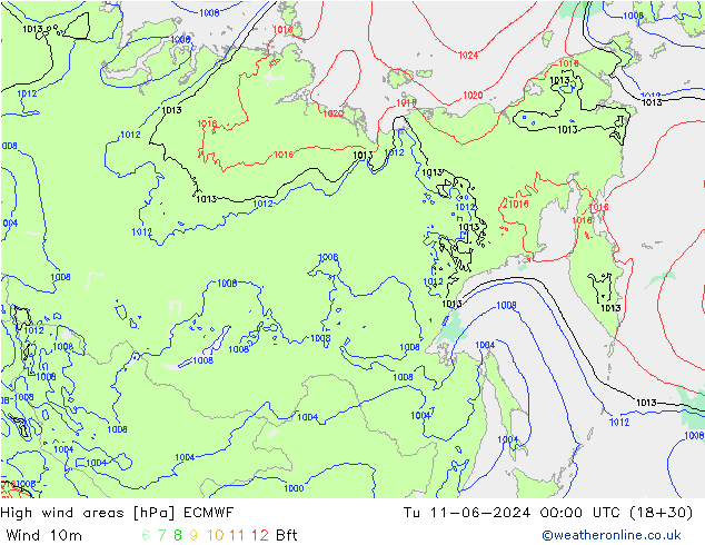 yüksek rüzgarlı alanlar ECMWF Sa 11.06.2024 00 UTC