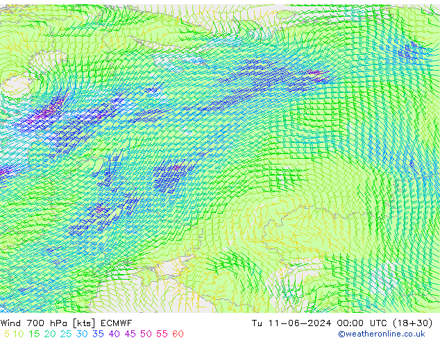 Wind 700 hPa ECMWF Tu 11.06.2024 00 UTC