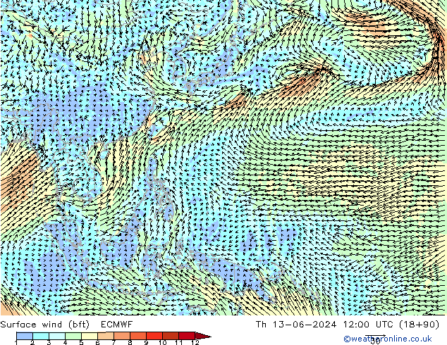 Surface wind (bft) ECMWF Čt 13.06.2024 12 UTC