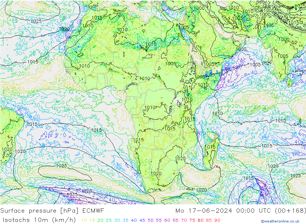 Isotachs (kph) ECMWF пн 17.06.2024 00 UTC