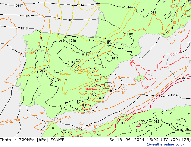 Theta-e 700hPa ECMWF Sa 15.06.2024 18 UTC