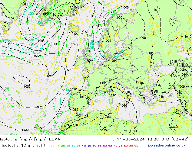 Isotachen (mph) ECMWF di 11.06.2024 18 UTC