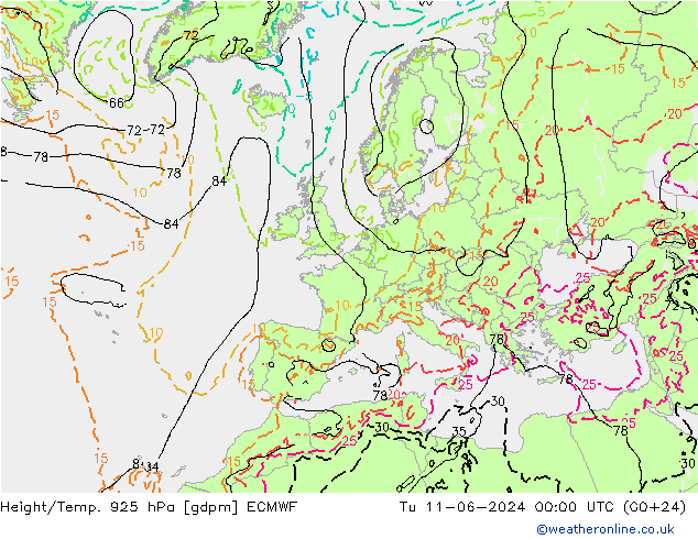 Height/Temp. 925 hPa ECMWF Út 11.06.2024 00 UTC