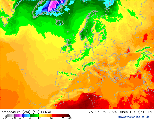 Temperature (2m) ECMWF Po 10.06.2024 00 UTC